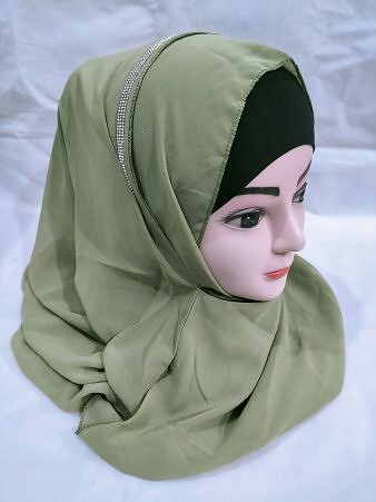 Fancy Two Loops Chiffon Instant Hijab - Olive Green