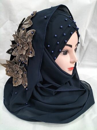 Pearl Ready to Wear with Flower Bunch – Navy Blue