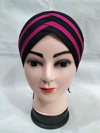 Criss Cross Multi Color Tie Back Bonnet – Pink and Black