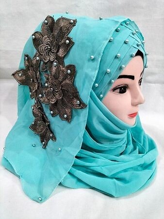 Pearl Ready to Wear with Flower Bunch – Cyan Pearl Ready to Wear with Flower Bunch – Cyan