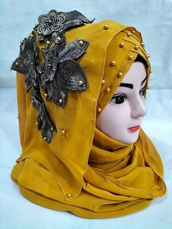 Pearl Ready to Wear with Flower Bunch - Mustard Pearl Ready to Wear with Flower Bunch - Mustard