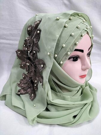 Pearl Ready to Wear with Flower Bunch - Olive Green Pearl Ready to Wear with Flower Bunch - Olive Green