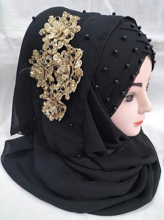 Pearl Ready to Wear with Golden Flower Bunch - Black Pearl Ready to Wear with Golden Flower Bunch - Black