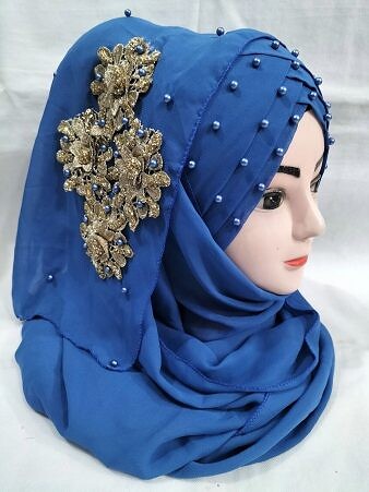 Pearl Ready to Wear with Golden Flower Bunch - Blue