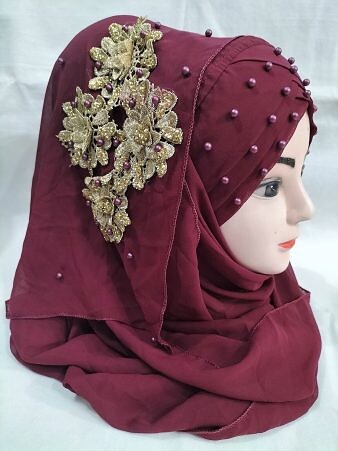 Pearl Ready to Wear with Golden Flower Bunch - Burgundy