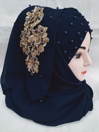 Pearl Ready to Wear with Golden Flower Bunch - Dark Navy Blue
