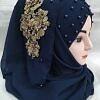 Pearl Ready to Wear with Golden Flower Bunch - Navy Blue