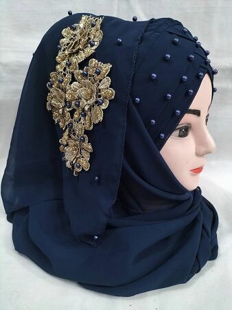 Pearl Ready to Wear with Golden Flower Bunch - Navy Blue