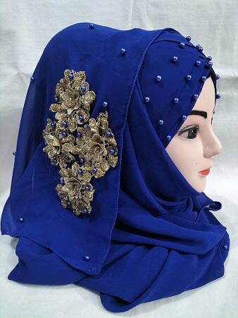 Pearl Ready to Wear with Golden Flower Bunch - Royal Blue