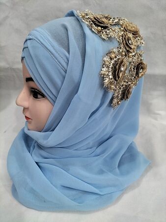 Pearl Ready to Wear with Golden Flower Bunch - Sky Blue