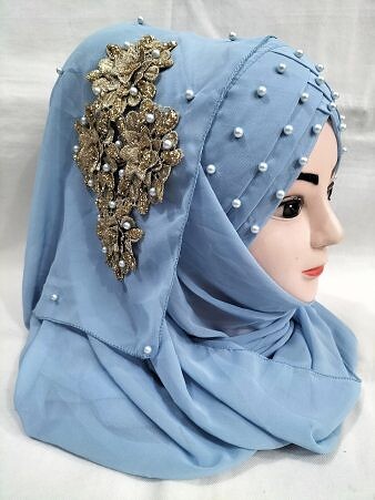 Pearl Ready to Wear with Golden Flower Bunch - Sky Blue