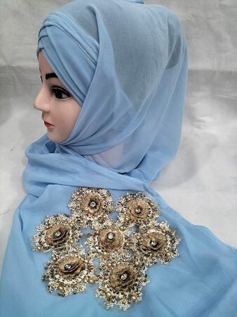 Pearl Ready to Wear with Golden Flower Bunch - Sky Blue