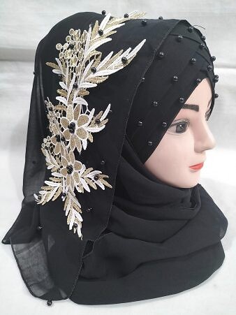 Pearl Floral Ready to Wear with 3D Bunch - Black