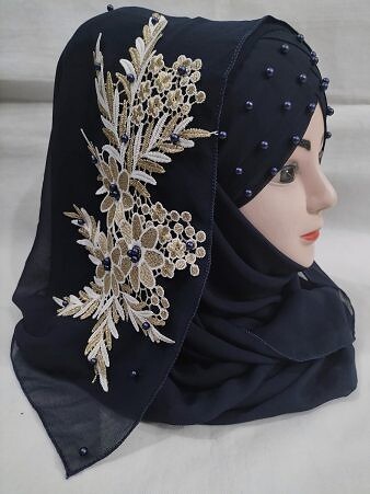 Pearl Floral Ready to Wear with 3D Bunch - Dark Navy Blue Pearl Floral Ready to Wear with 3D Bunch - Dark Navy Blue
