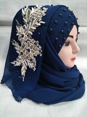Pearl Floral Ready to Wear with 3D Bunch - Navy Blue Pearl Floral Ready to Wear with 3D Bunch - Navy Blue