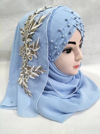 Pearl Floral Ready to Wear with 3D Bunch - Sky Blue Pearl Floral Ready to Wear with 3D Bunch - Sky Blue