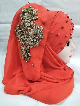 Pearl Ready to Wear with Golden Flower Bunch - Coral Red