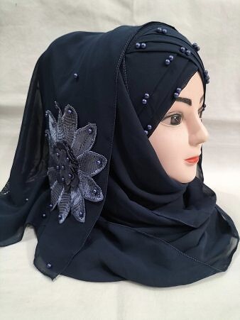 Pearl Ready to Wear with Matching Flower Bunch - Dark Navy Blue