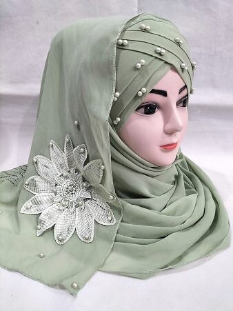 Pearl Ready to Wear with Matching Flower Bunch - Olive Green Pearl Ready to Wear with Matching Flower Bunch - Olive Green