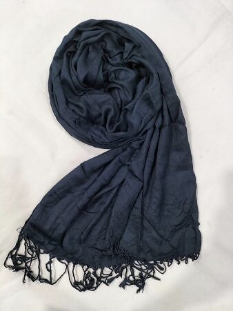Plain Linen Scarf with Tassels - Navy Blue