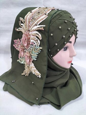 Pearl Floral Ready to Wear with 3D Bridal Bunch - Dark Olive Green (Mehndi)