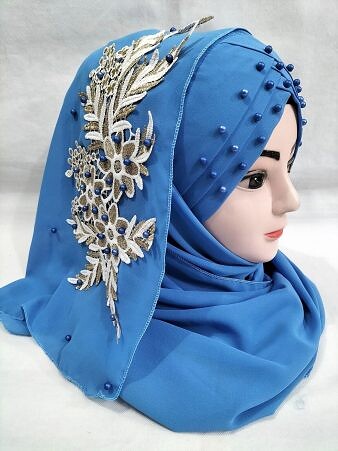 Pearl Floral Ready to Wear with 3D Bunch - Azure Blue