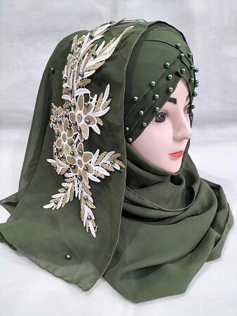Pearl Floral Ready to Wear with 3D Bunch - Dark Olive Green (Mehndi)