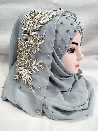 Pearl Floral Ready to Wear with 3D Bunch - Light Grey