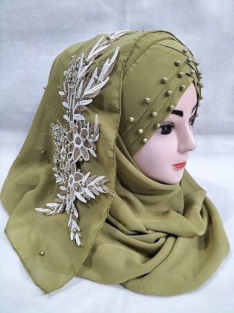 Pearl Floral Ready to Wear with 3D Bunch - Olive Green