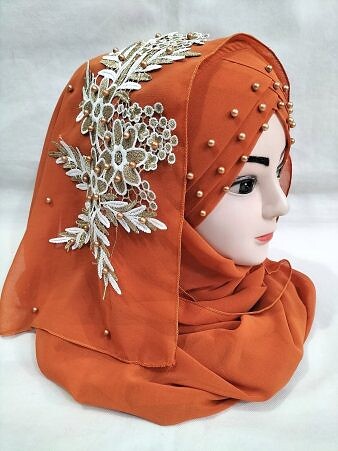 Pearl Floral Ready to Wear with 3D Bunch - Rust Orange