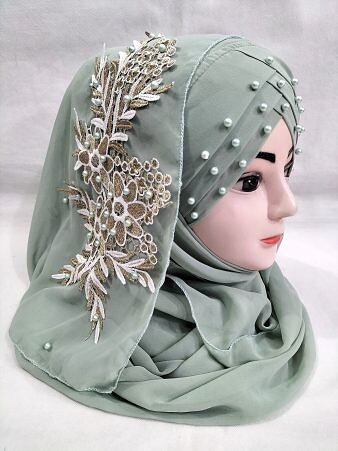 Pearl Floral Ready to Wear with 3D Bunch - Tea Green