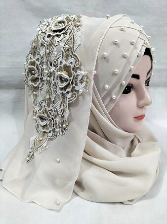 Pearl Floral Ready to Wear with 3D Fancy Bunch - Beige