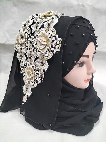 Pearl Floral Ready to Wear with 3D Fancy Bunch - Black Pearl Floral Ready to Wear with 3D Fancy Bunch - Black