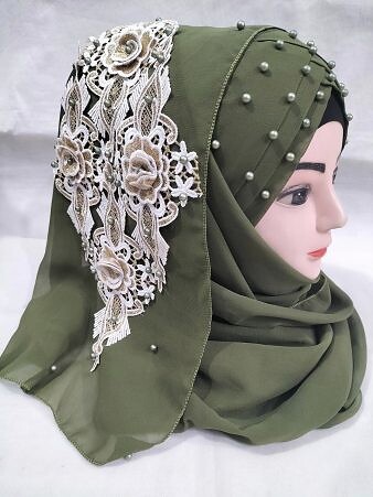 Pearl Floral Ready to Wear with 3D Fancy Bunch - Dark Olive Green (Mehndi) Pearl Floral Ready to Wear with 3D Fancy Bunch - Dark Olive Green (Mehndi)