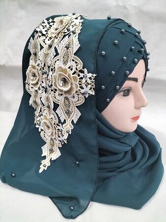 Pearl Floral Ready to Wear with 3D Fancy Bunch - Dark Teal Pearl Floral Ready to Wear with 3D Fancy Bunch - Dark Teal