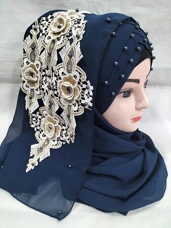 Pearl Floral Ready to Wear with 3D Fancy Bunch - Navy Blue Pearl Floral Ready to Wear with 3D Fancy Bunch - Navy Blue