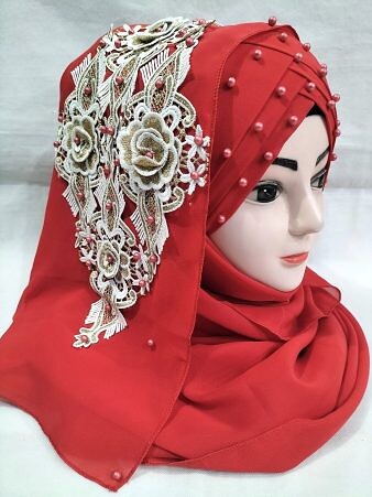 Pearl Floral Ready to Wear with 3D Fancy Bunch - Red Pearl Floral Ready to Wear with 3D Fancy Bunch - Red