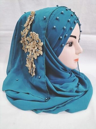 Pearl Ready to Wear with Golden Flower Bunch - Sea Green