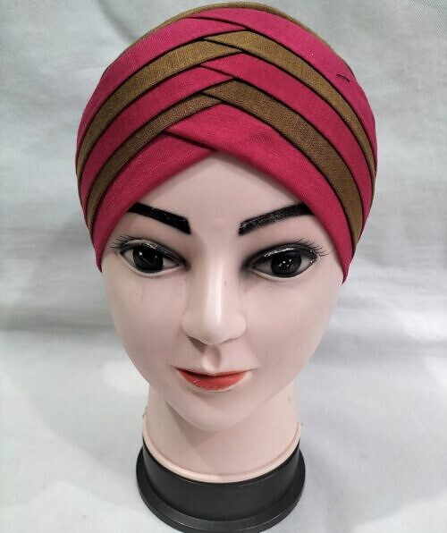 criss cross multi color tie back bonnet camel and deep pink