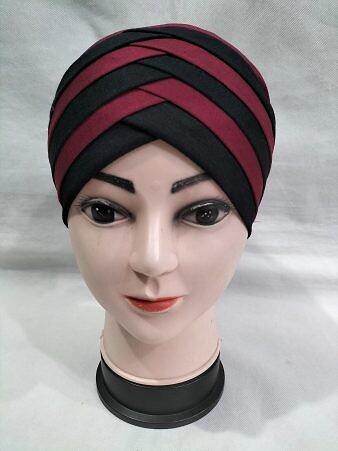 Criss Cross Multi Color Tie Back Bonnet – Maroon and Black Criss Cross Multi Color Tie Back Bonnet – Maroon and Black
