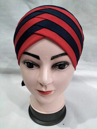 Criss Cross Multi Color Tie Back Bonnet – Red and Navy Blue