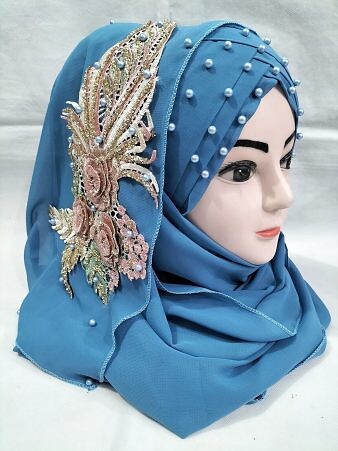 Pearl Floral Ready to Wear with 3D Bridal Bunch - Steel Blue