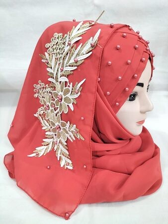 Pearl Floral Ready to Wear with 3D Bunch - Rust Red Pearl Floral Ready to Wear with 3D Bunch - Rust Red