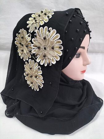 Pearl Floral Ready to Wear with 3D Fancy Flower Bunch - Black