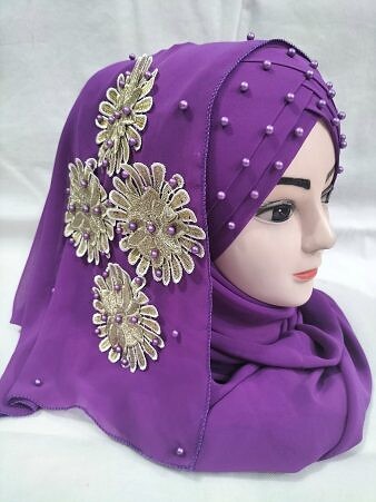 Pearl Floral Ready to Wear with 3D Fancy Flower Bunch - Eggplant Pearl Floral Ready to Wear with 3D Fancy Flower Bunch - Eggplant