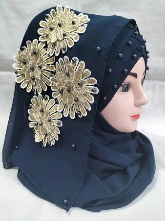 Pearl Floral Ready to Wear with 3D Fancy Flower Bunch - Navy Blue Pearl Floral Ready to Wear with 3D Fancy Flower Bunch - Navy Blue