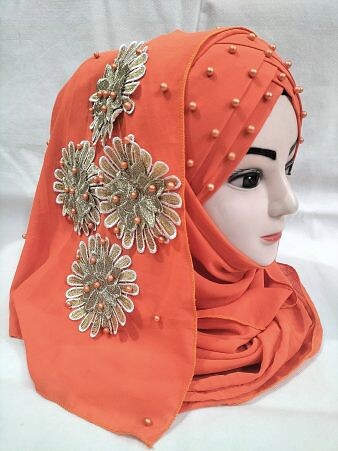 Pearl Floral Ready to Wear with 3D Fancy Flower Bunch - Orange Pearl Floral Ready to Wear with 3D Fancy Flower Bunch - Orange