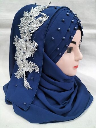 Pearl Floral Ready to Wear with Silver Bunch - Navy Blue Pearl Floral Ready to Wear with Silver Bunch - Navy Blue