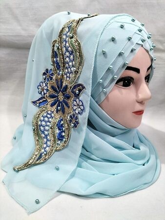 Pearl Floral Ready to Wear with 3D Fancy Flower Bunch - Baby Blue (Design 2) Pearl Floral Ready to Wear with 3D Fancy Flower Bunch - Baby Blue (Design 2)