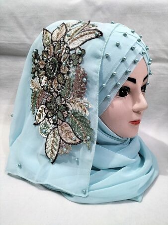 Pearl Floral Ready to Wear with 3D Fancy Flower Bunch - Baby Blue (Design 3) Pearl Floral Ready to Wear with 3D Fancy Flower Bunch - Baby Blue (Design 3)